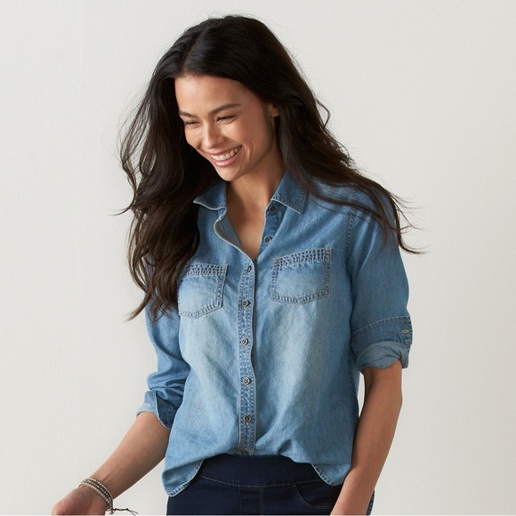 J. Crew Tops - J.Crew 100% Cotton Denim Shirt Long Sleeve Mid Blue Wash Boyfriend Fit Size S​​​